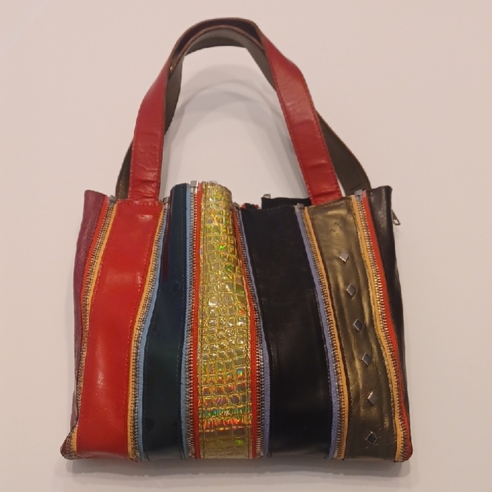 Red and Black Striped Tote Bag with Leather Handles